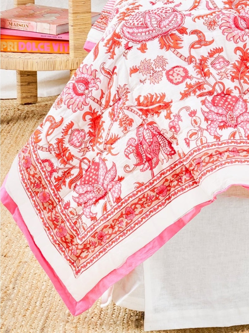 Roller Rabbit Pink and Coral Floral Border Comforter-Twin Size